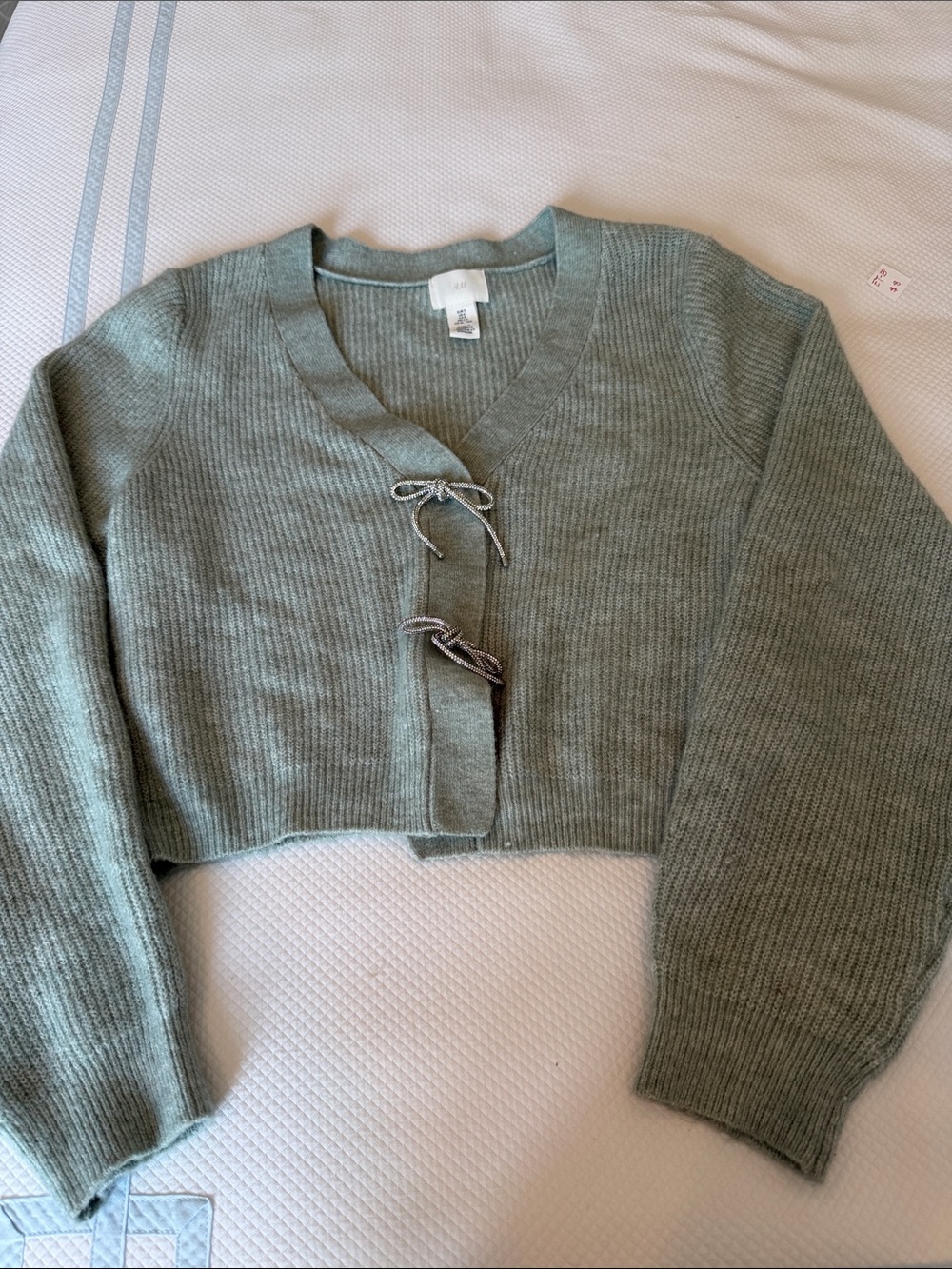 H&M Cropped Sage Green Tie-Front Cardigan